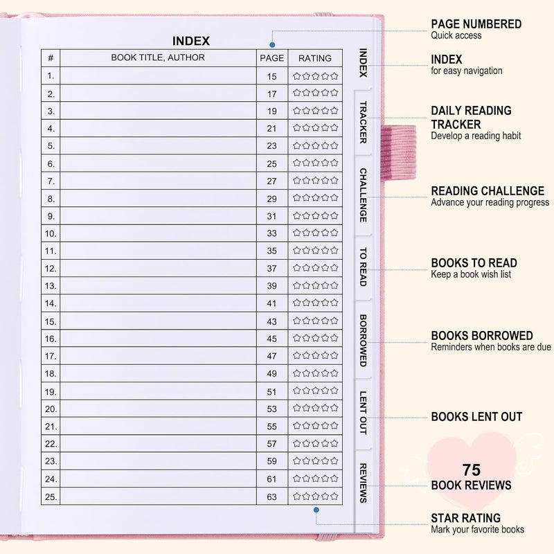 COMKISO Store Reading Journal for Book Lovers - 75 Book Journal Reading Log for Book Tracking, A5 Linen Book Review Journal with TBR Tracker List, Ratings, Challenges, Prompts, and Index - Pink - Image 3